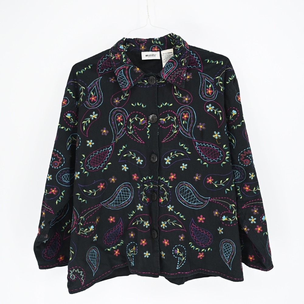 Units Woman Women's Black Embroidered Paisley Floral Button Front Jacket Size 2X
